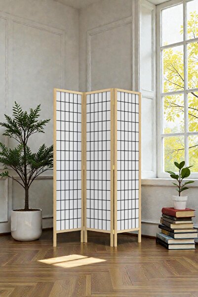 Fupe Shop Japon Stil 3 Kanatlı Naturel Ahşap Baskılı Paravan Seperatör