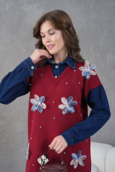 Miss Allos Women's Wide Fit Long Knitwear Dress with Jeans Detail and Tulle Flowers and Stone Embroidery on the Front