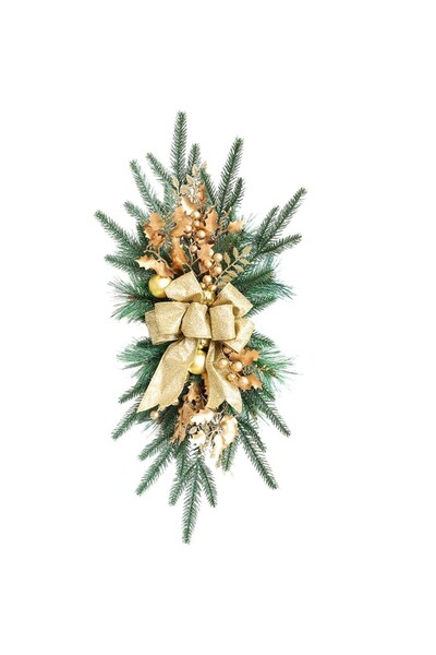 Kardett Ghirlandă de Crăciun aurie 65 cm cu brad artificial și fundă cu sclip...