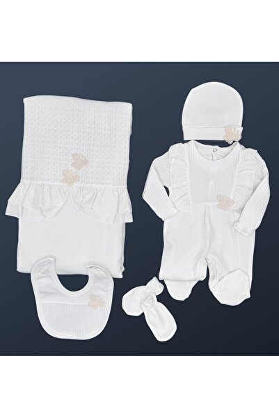 Baby day طقم مواليد بناتي ملف مبطن رسمي تطريز فراشة – 5 قطع (لون أوف وايت)