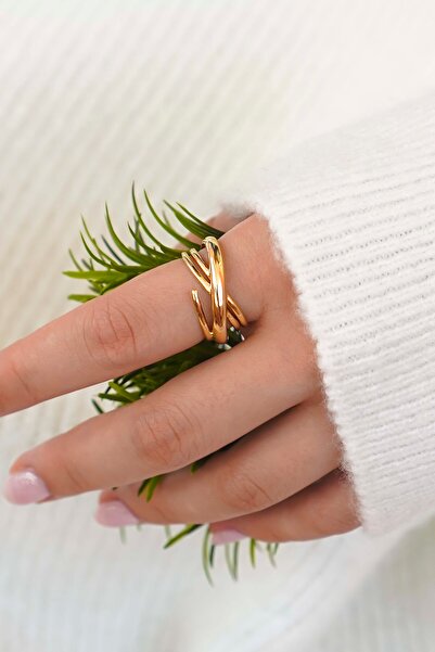 TREND COLLECTİON Minimal Gold Çapraz Form Üç Halkalı Şık Kadın Yüzük - Ayarla...