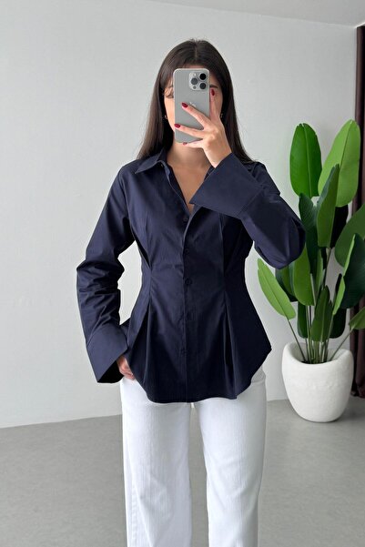 ECEMİ Penny Lacivert Belden Oturtmalı Poplin Gömlek