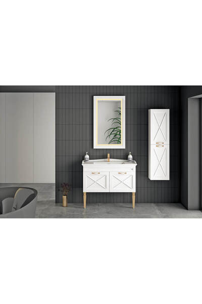 Nplus BANYO DOLAP SETİ BEYAZ GOLD ALT DOLAP ÜST MODÜL LED AYNA BOY DOLABI