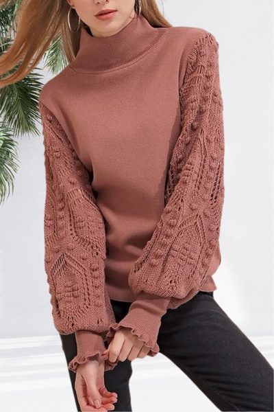 hanope Pulover de damă scorțișoară cu mânecă țestoasă jumătate din dantelă