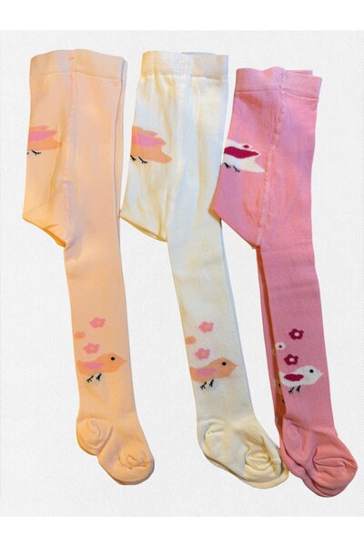 Fil Kids Girl's Pantyhose Cotton Washed Fabric Green Pink Yellow Bird Patterned
