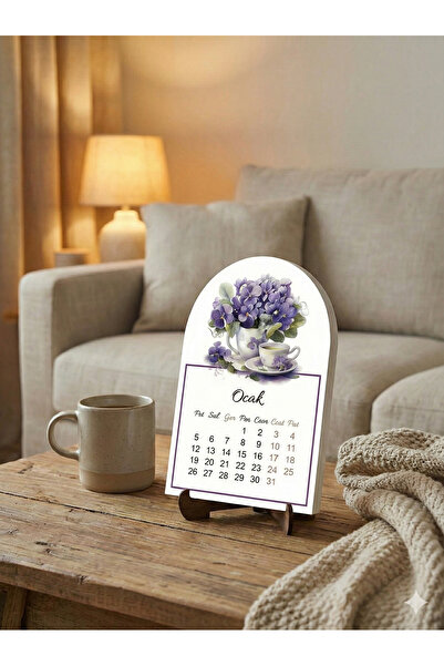 Lavin De Home Ahşap Standlı 12 Aylık Vintage Çiçek Desenli Masa Takvimi (2026)