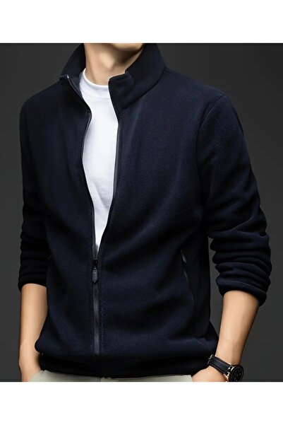 Panda Baskı Tekstil Thermal Zippered Navy Blue Fleece Jacket
