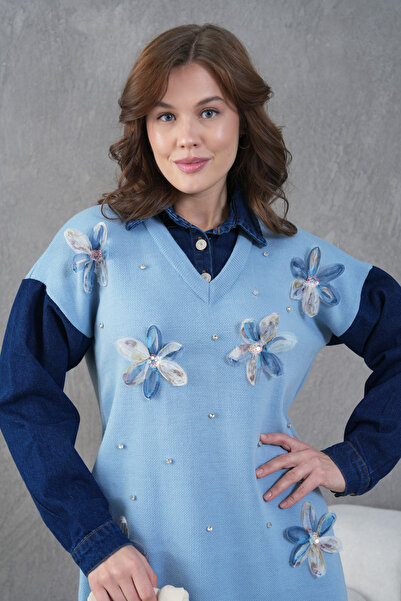 Miss Allos Γυναικεία μανίκια τζιν με λεπτομέρεια μπροστινό τούλι λουλούδι και πέτρα κεντημένο με φαρδιά εφαρμογή μακρύ πλεκτό φόρεμα