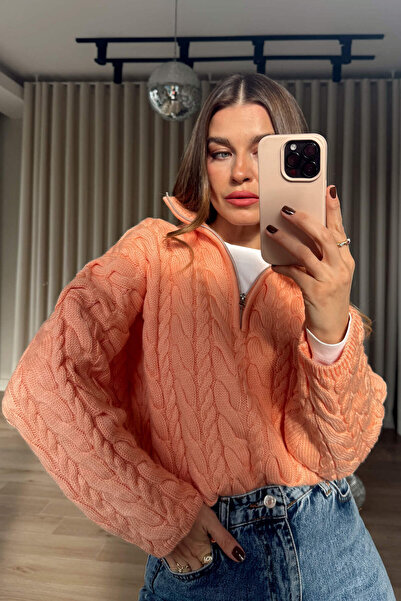 Sue Store Somon Fermuarlı Saç Örgü Kazak