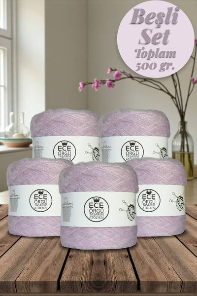 Ece Örgü Tasarım Atölyesi Lila rengi, bol tüylü kid moher (ince) yün örgü ipi (500 gr.)