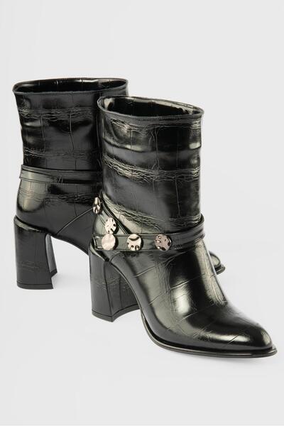 Mubiano Women's Leather Boots Crocodile Patterned Platinum Detailed Heeled Black Cordena