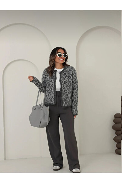 Vaveyla Women's Crew Neck Gray Anthracite Leopard Patterned Wool Cardigan