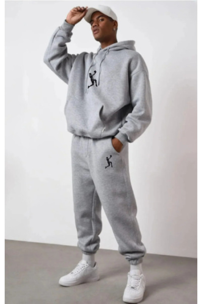 ALCİNOUS Basketball Printed Oversize Hooded Hoodie Black Tracksuit Set