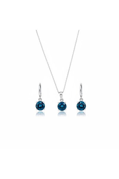 Parlavert Silver 925 Ayar Gümüş Açık Mavi Yuvarlak Taşlı Kadın Kolye ve Küpe ...