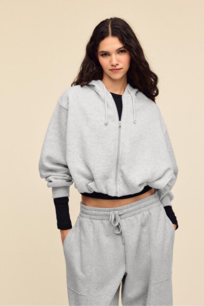 Stradivarius Baskılı kapüşonlu bomber sweatshirt