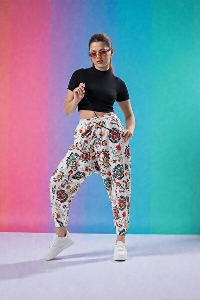 FG KONNİCHİWA Unisex Ethnic Patterned Loose Hippie Bohemian Baggy Pants with Elastic Waist and Cuffs and Pockets Ethnic Design