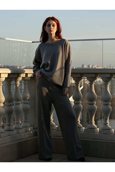 Marrone Set tricot damă gri din lână merinos – pulover lejer + pantaloni largi