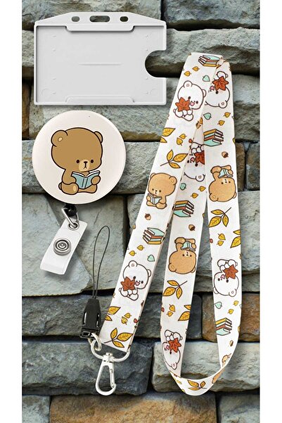 chic crazze Yavru Ayılar Desenli 3 lü Set Boyun Askı İpi Kartlık ve Yoyo