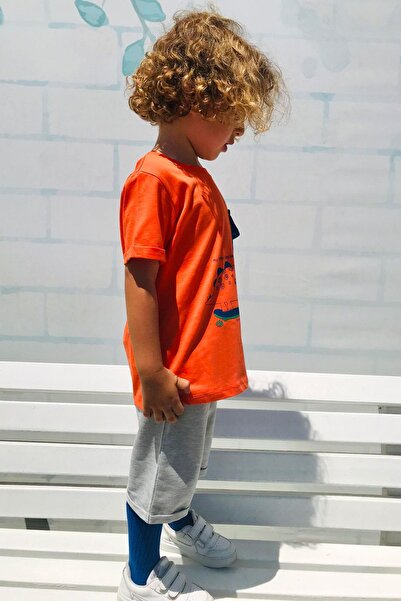 Breeze Boy's Shorts Set Skateboarder Dinosaur Printed Pocket Part Cover Detailed 2-6 Years Old, Tile