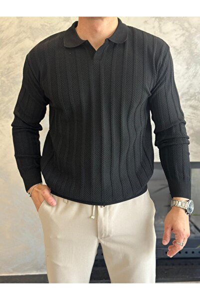 ECARTS Men's Polo Neck Textured Sweater Black Eca054