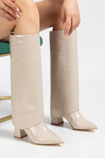 moun shoes Women's Beige Patent Leather Zippered Below-The-Knee Heeled Boots (Detachable Boots, No Calf Issues)