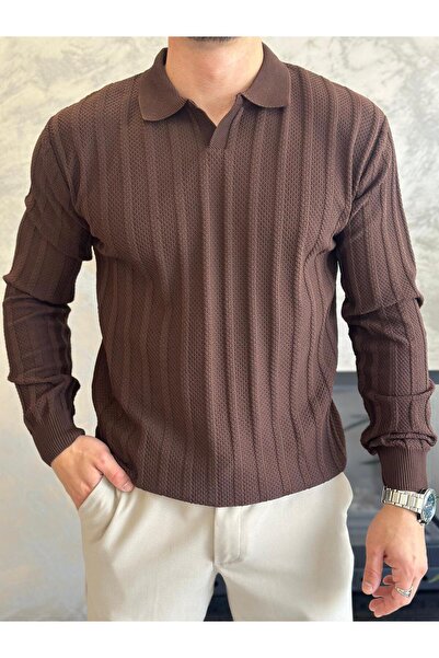 ECARTS Men's Polo Neck Textured Sweater Bitter Brown Eca054