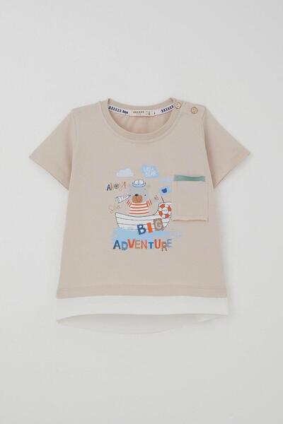 Breeze Baby Boy Shorts Set Cute Captain Teddy Bear Printed Pockets Detailed 9 Months-3 Years, Beige