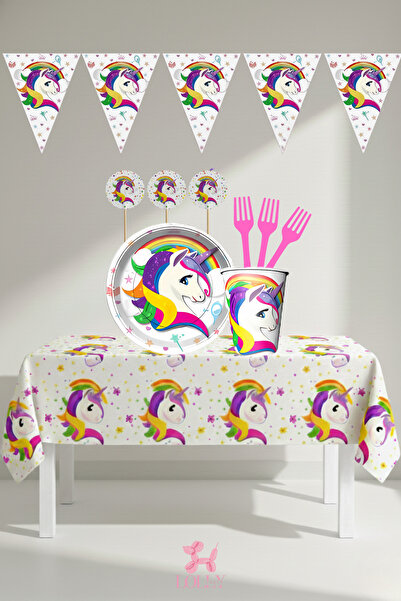 LOLLY PARTY 8 Kişilik Unicorn Temalı Doğum Günü Parti Seti (Tabak,Bardak,Çata...