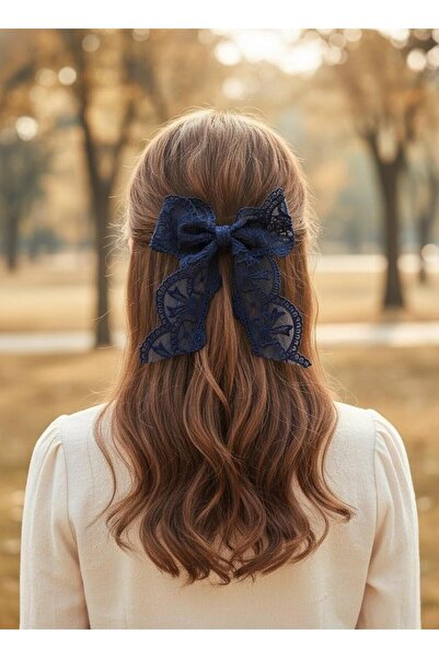 Toka Delisi El Yapımı Romantik Lacivert Dantelli Fiyonk Toka, Otomatik Klipsl...