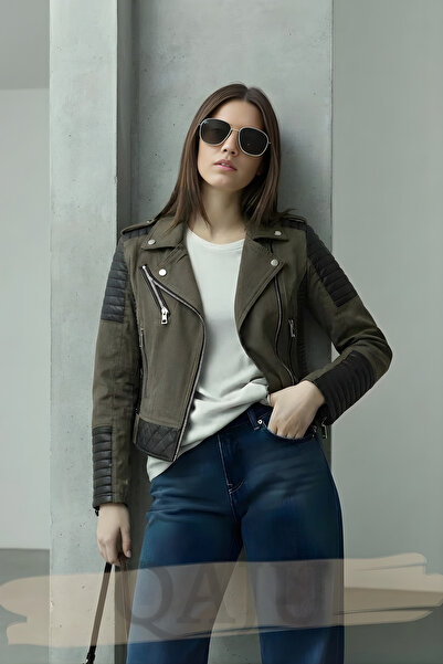 Qaju Women's Leather Detailed Zippered Jacket – Khaki