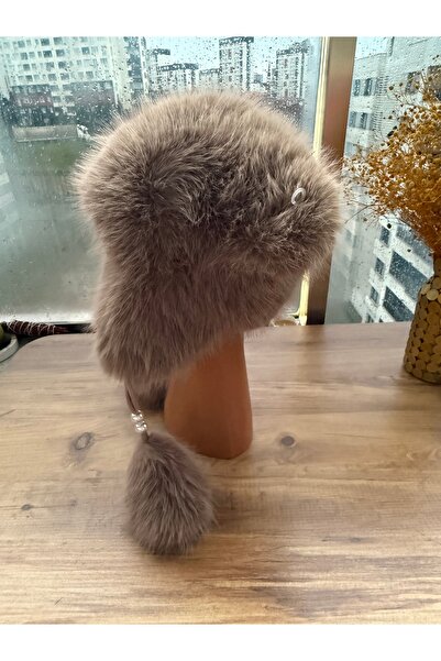 Blotch Women's Cold-Protecting Lined Beanie with Pearl Detail, Camel Plush Pompom Beanie