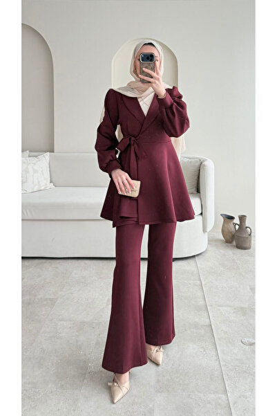 RFK Butik Women's Side Tie New Season Scuba Suit - Burgundy