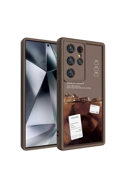 zore Galaxy S23 Ultra Case Camera Protected Printed Back Surface Asma Classy Cover - Dark Brown