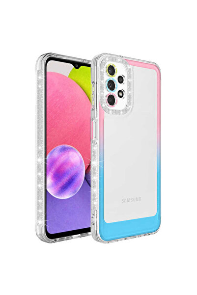 zore Galaxy A13 4g Case Glitter and Color Transition Design Lens Protection Asma Park Cover - Pink-Blue