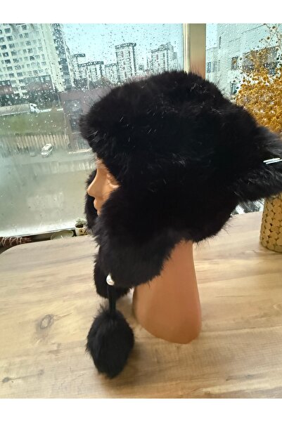 Blotch Women's Cold-Protecting Lined Black Plush Pom-Pom Beanie with Pearl Detail and Ear Coverage