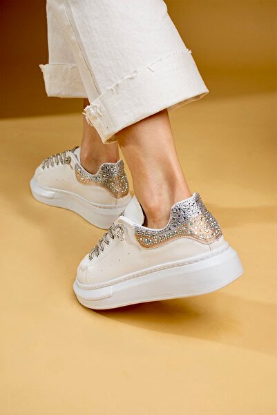 dabab shoes Elsia Women's White Sparkling Stone Detailed Thick Sole Sneaker Sports Shoes