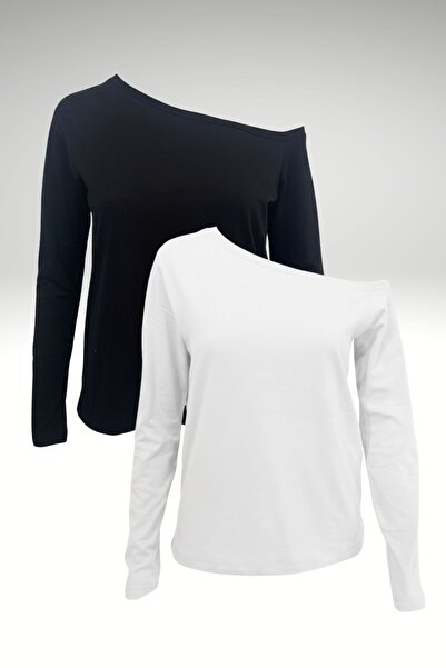 Mood Lab Tricou cu mânecă lungă, negru-alb, cu 2 piese, pentru femei, cu umer...