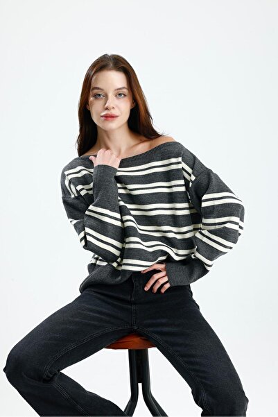 Rawanda pulover cu decolteu barca cu dungi gri închis