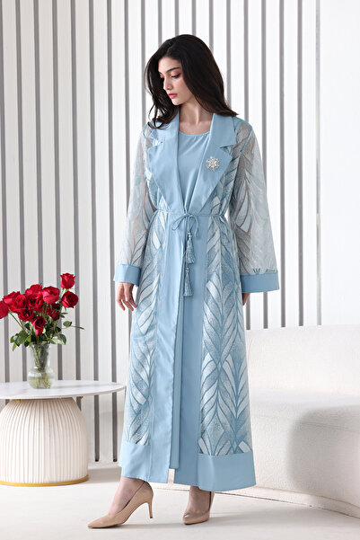 Verona Trading Company A sky-blue abaya embroidered with a sheer mesh overlay and a luxurious leaf pattern, featuring a classic collar and an adjustable waist belt.