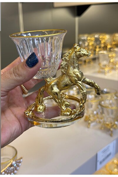 Vakıf home 3 Adet Atlı Model Döküm Cam Gold Drajelik Lokumluk Kahve Yanı