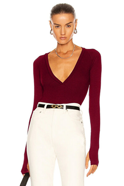 MetuCA Women's Burgundy V-Neck Long Finger-Through Sleeves Double Layer Thong...