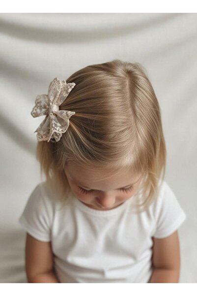 Toka Delisi Çocuk Bej Tüllü Fiyonk Toka, El Yapımı Çocuk Pens Toka