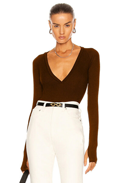 MetuCA Women's Brown V-Neck Long Finger-Through Sleeves Double Layer Thong Cu...