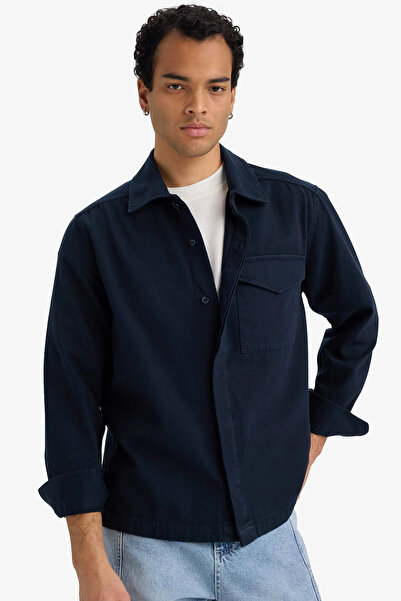 DeFacto F7124Axnv64 Navy Blue Boxy Fit Polo Neck Twill Long Sleeve Shirt