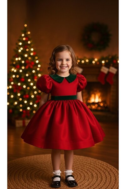 NA ADDESIGN New Year Red Christmas Girl's Dress – Velvet Collar, Fluffy Model