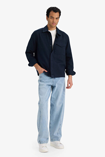 DeFacto F7124Axnv64 Navy Blue Boxy Fit Polo Neck Twill Long Sleeve Shirt