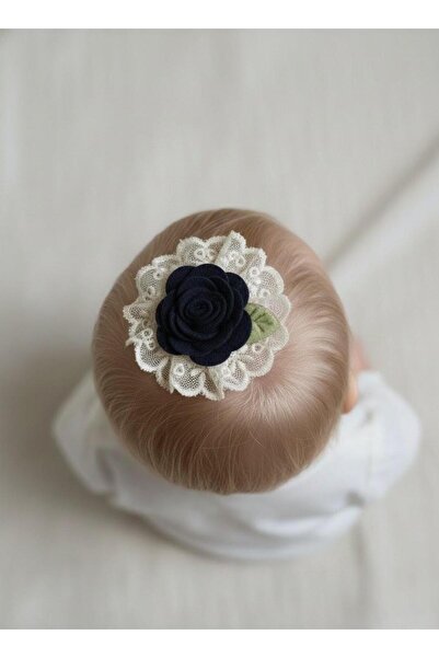 Toka Delisi Lacivert Ekru Saçsız Bebek Tokası, Sevimli Ekru Tül Lacivert Keçe...