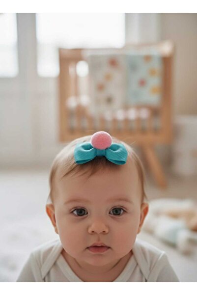 COLORFULLCLİPS Pink Pompom Blue Bow Low Hair Baby Hair Clip