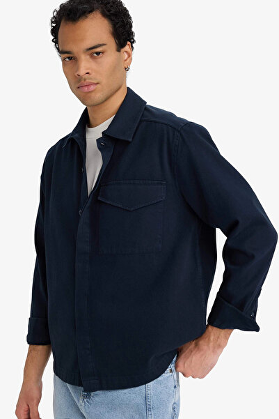 DeFacto F7124Axnv64 Navy Blue Boxy Fit Polo Neck Twill Long Sleeve Shirt