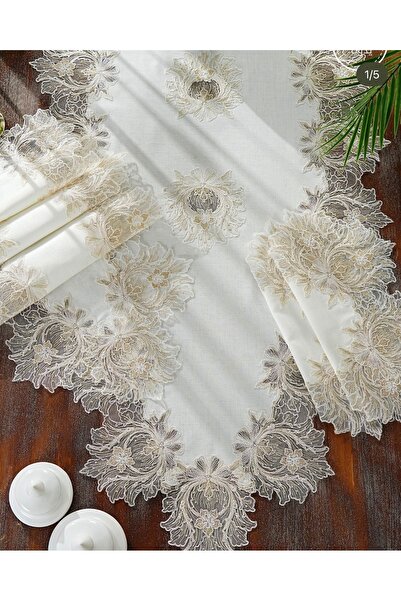 Madamca Zoe Gardenya(Linen)French Lace 5-Piece Runner Set Living Room Set Tablecloth